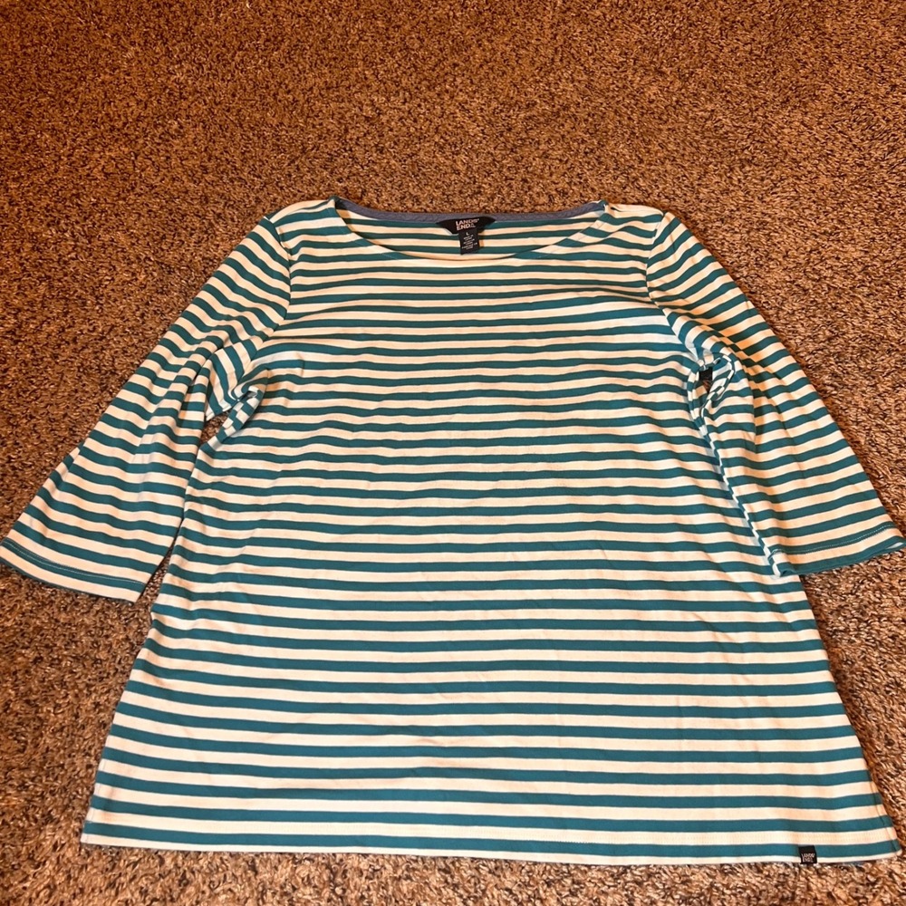 Lands End Womens Striped Boat Neck 3/4 Sleeve Cotton Top Size L Teal White